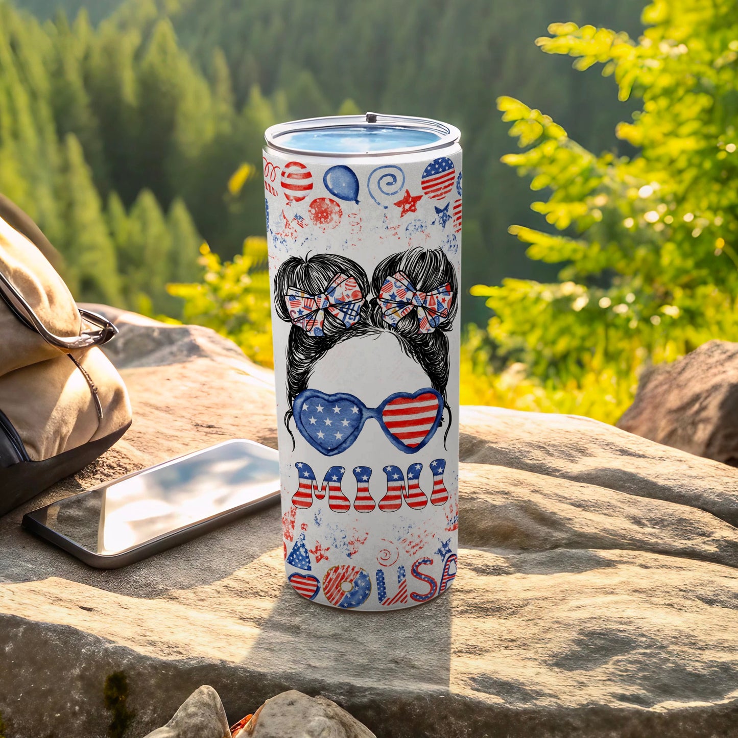 Red, white, and blue "Mom" tumbler with patriotic sunglasses design.