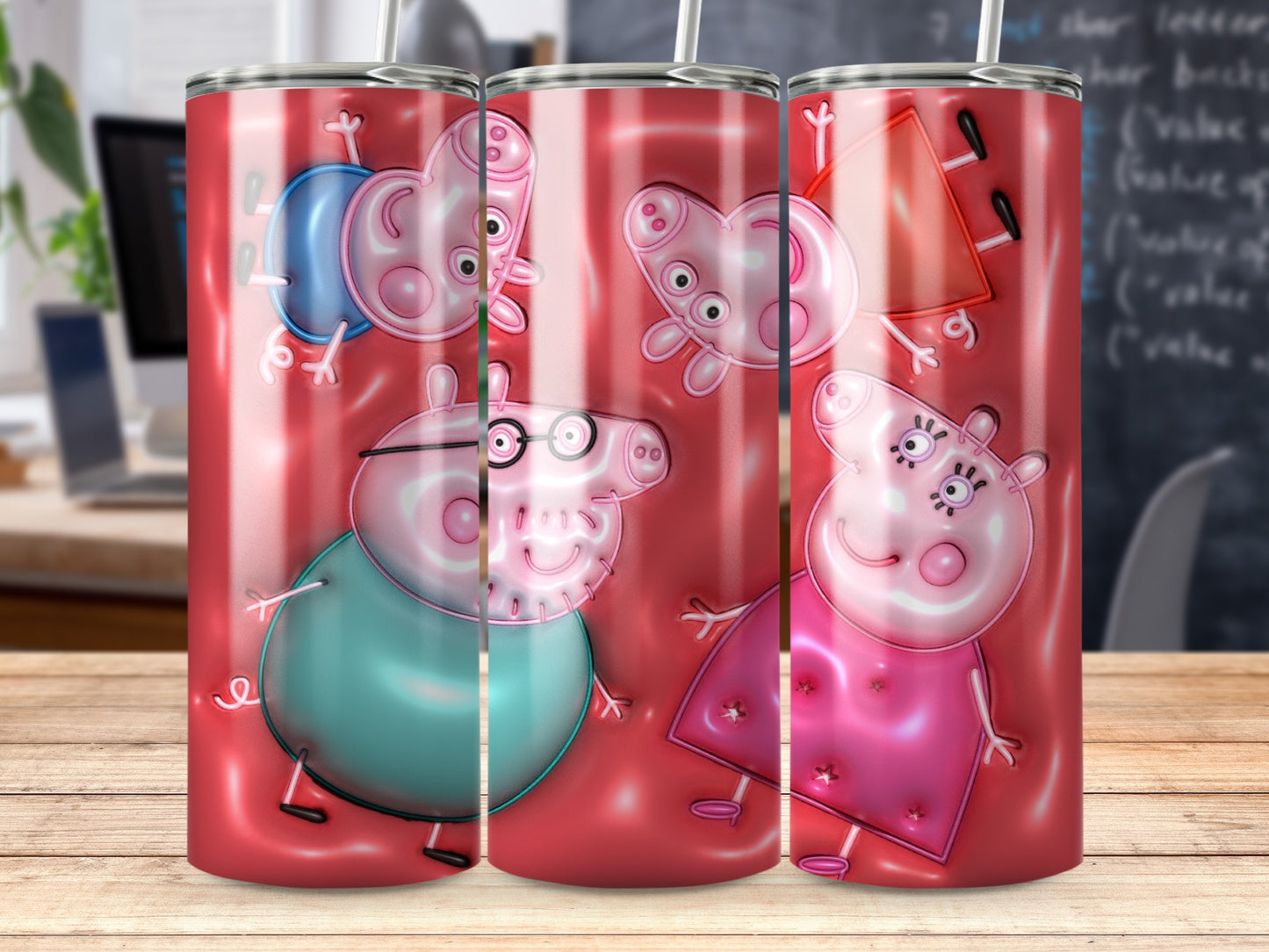 Cartoon Peppa Pig Family Pink Background Premium Tumblers