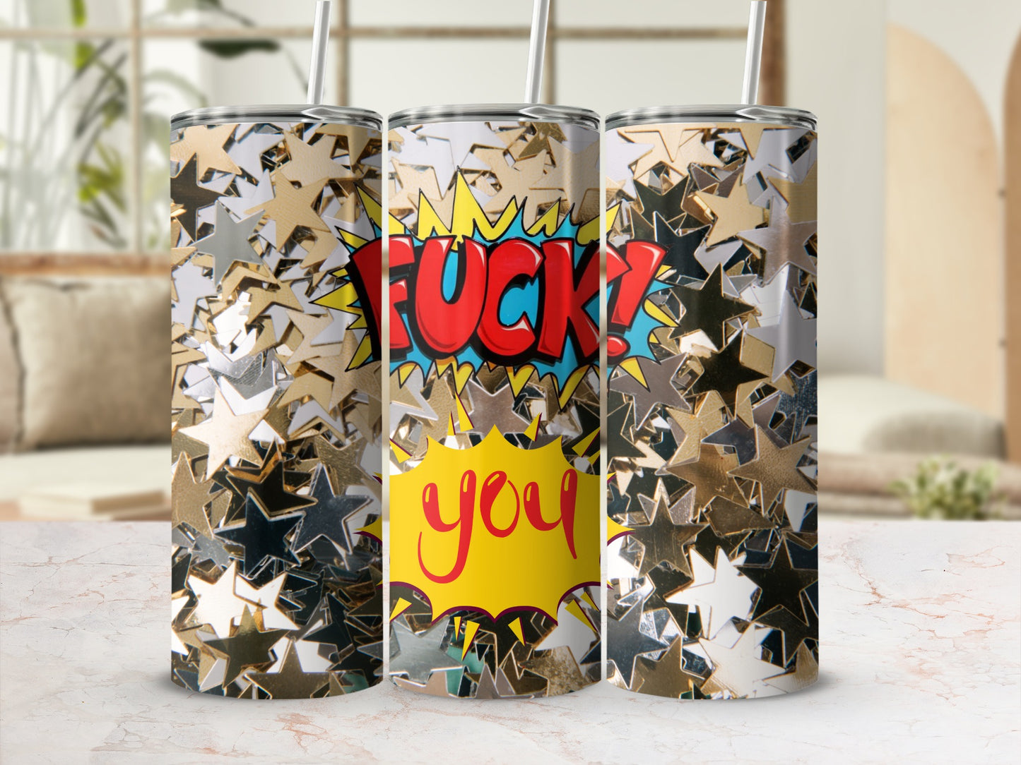 Gold and Silver Star Fuck You Tumbler with Straw