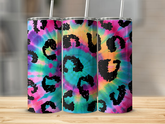 Three tumblers with a black leopard print tie-dye pattern.