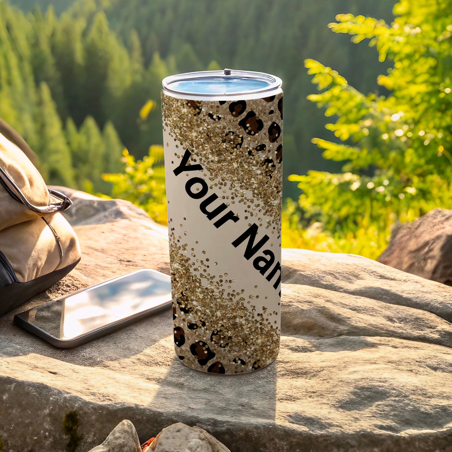 Personalized Glitter Leopard Print Tumbler for Outdoor Adventures