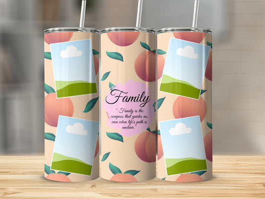 Tumbler with peach pattern, photo frames, and the quote "Family is the compass".