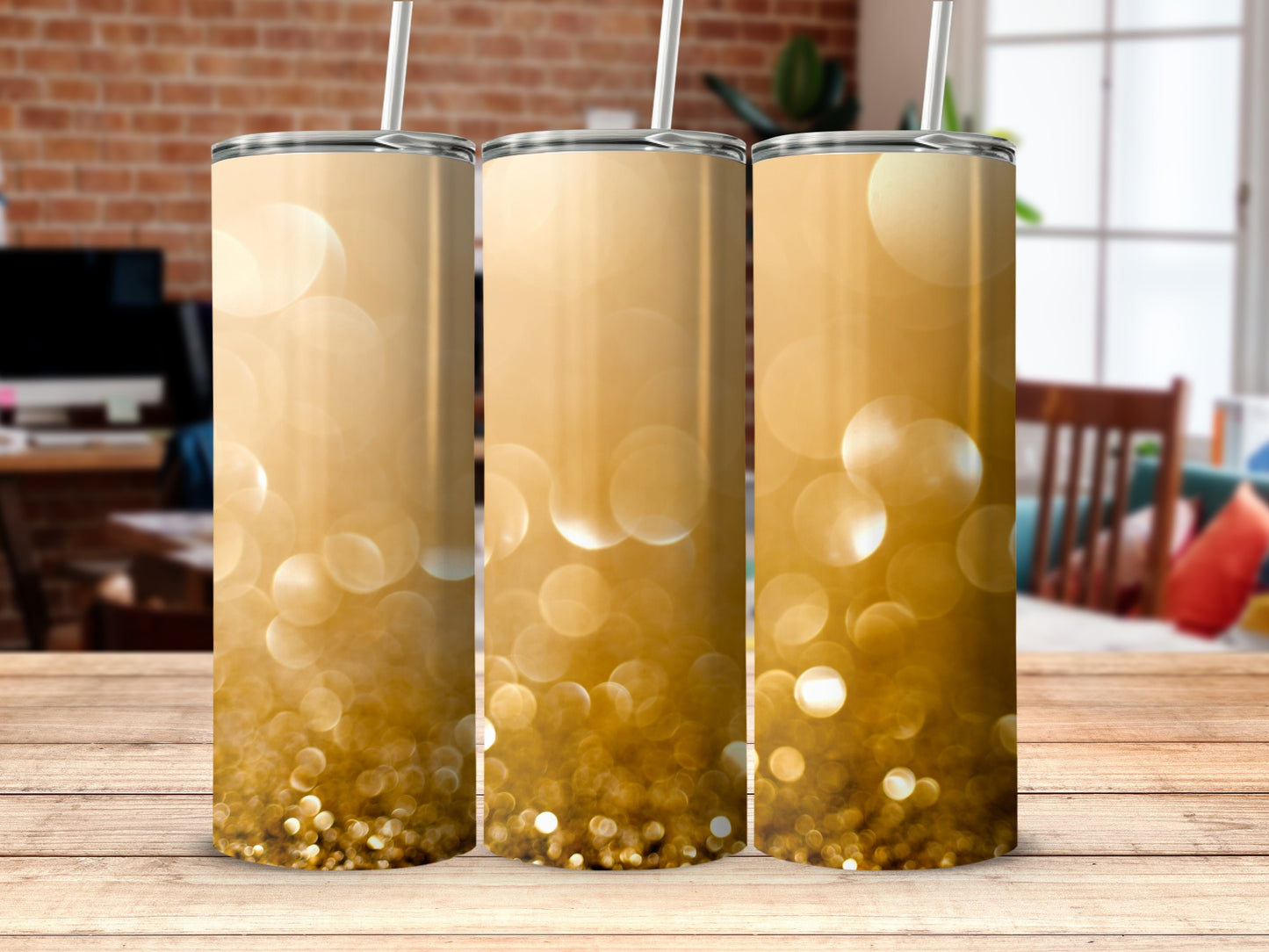 Golden Bokeh Effect Tumbler for Beverage Enthusiasts