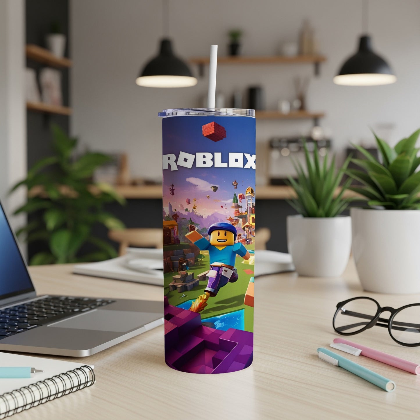 Roblox tumbler with colorful characters and game elements.