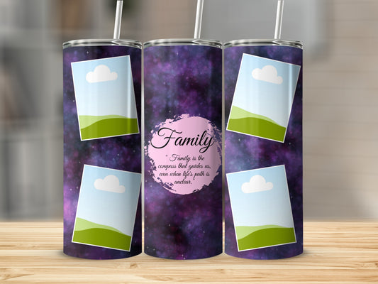 Purple galaxy tumbler with photo frames and "Family" quote.