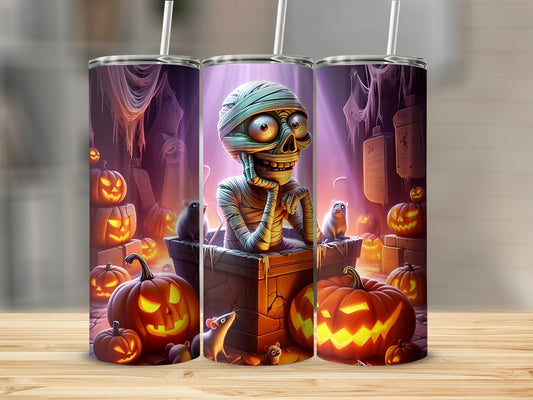Mummy with pumpkins and mice on Halloween themed tumblers.