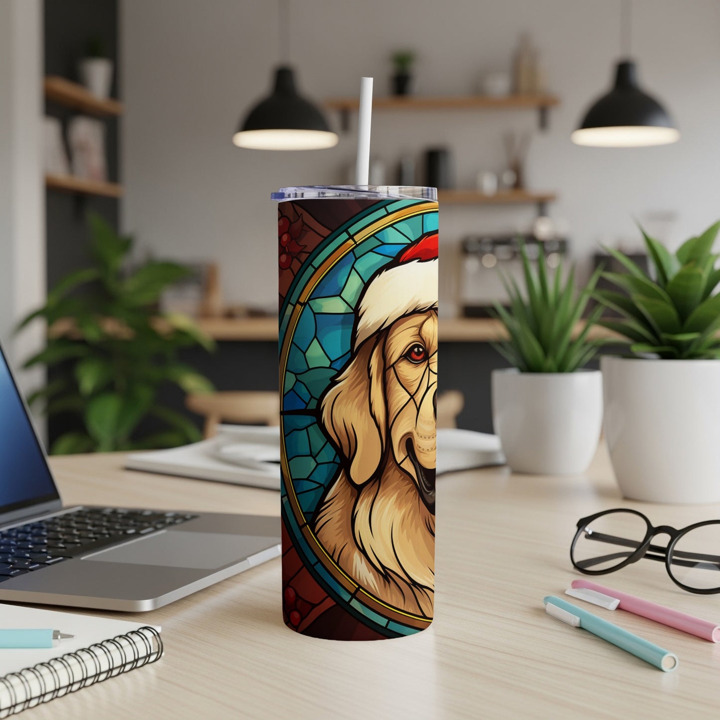 Golden retriever wearing a Santa hat, stained glass style, on a tumbler.