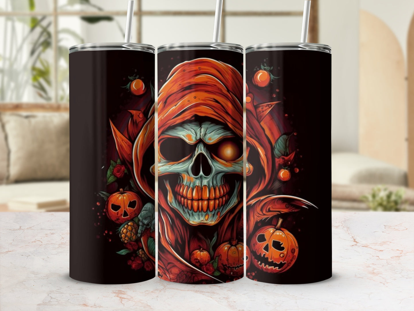 Spooky Halloween Skull and Pumpkins Travel Mug