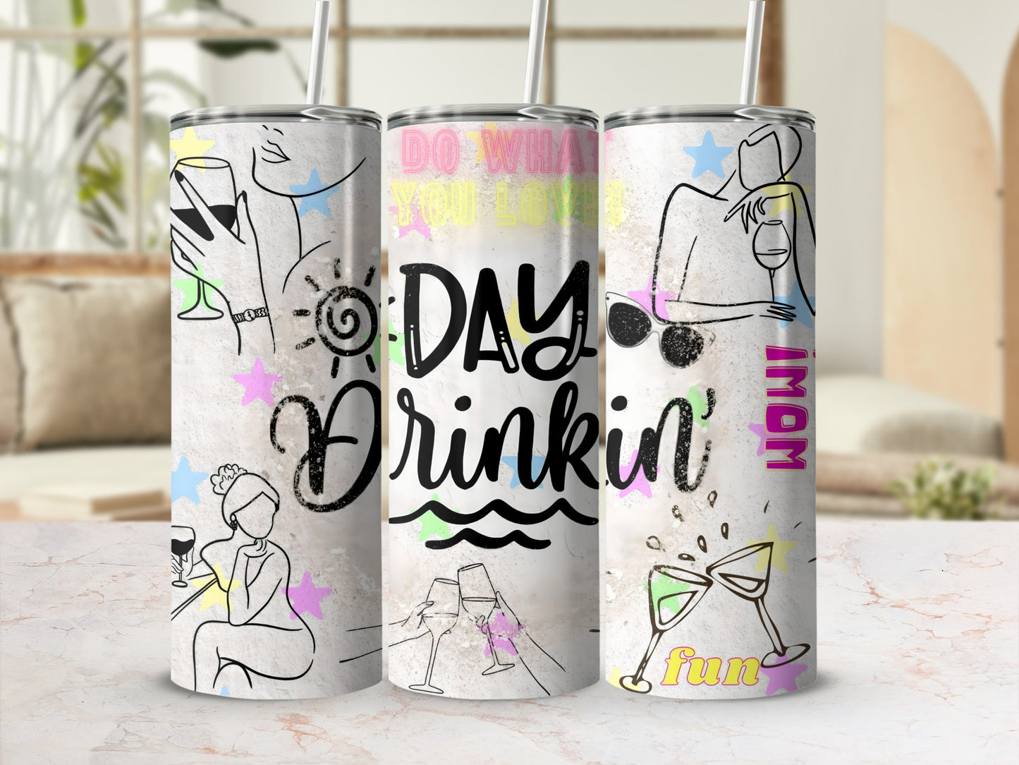 Colorful Day Drinkin' Mom Fun Tumbler with Straws