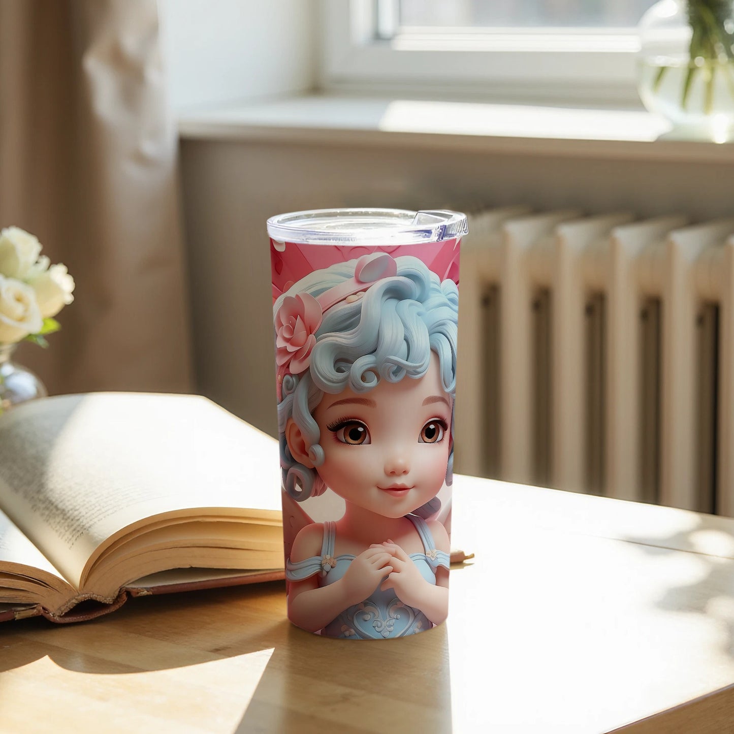 Adorable Blue Haired Character Tumbler with Floral Design