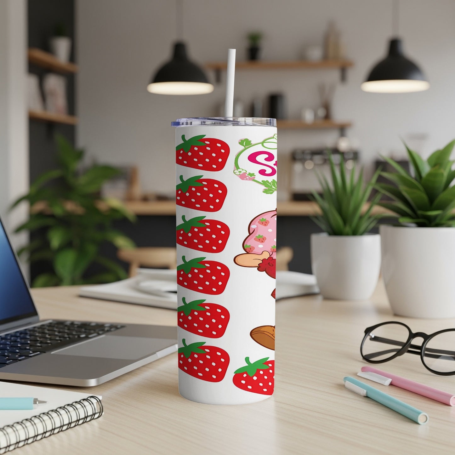 Tall tumbler with strawberries, ice cream cone, and floral design.