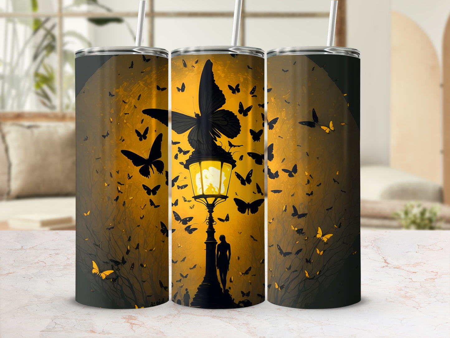 Butterfly and Lamp Post Design Tumbler Cup