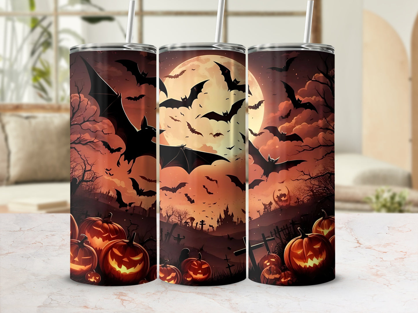 Spooky Halloween Bats and Pumpkins Drinkware Design