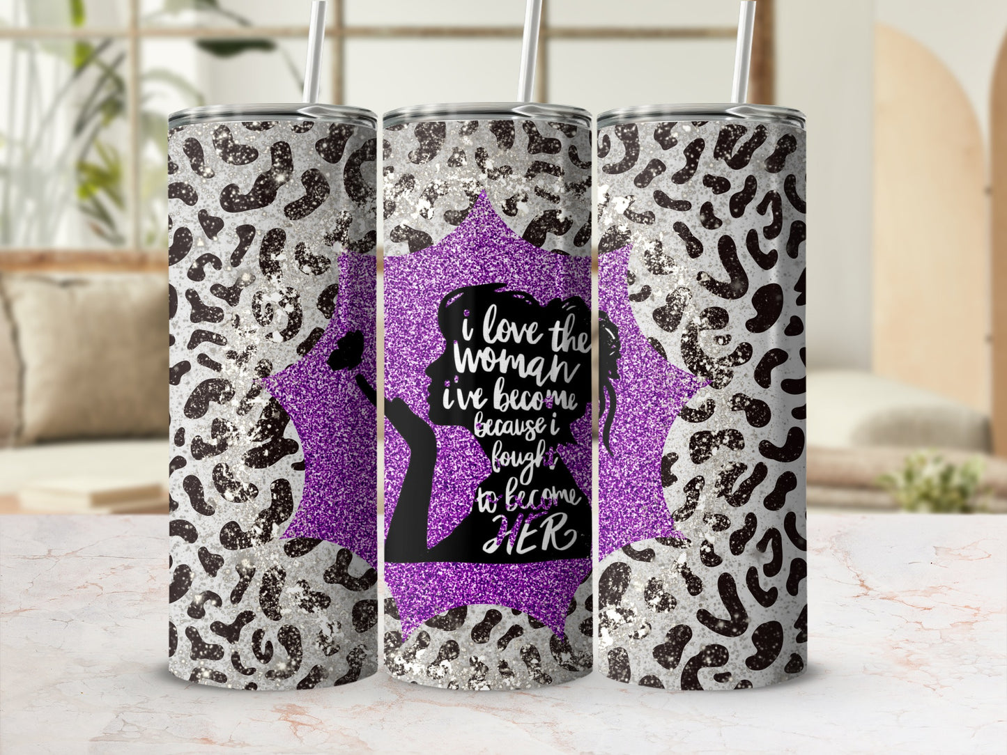 I Love The Woman I've Become Glitter Leopard Tumbler