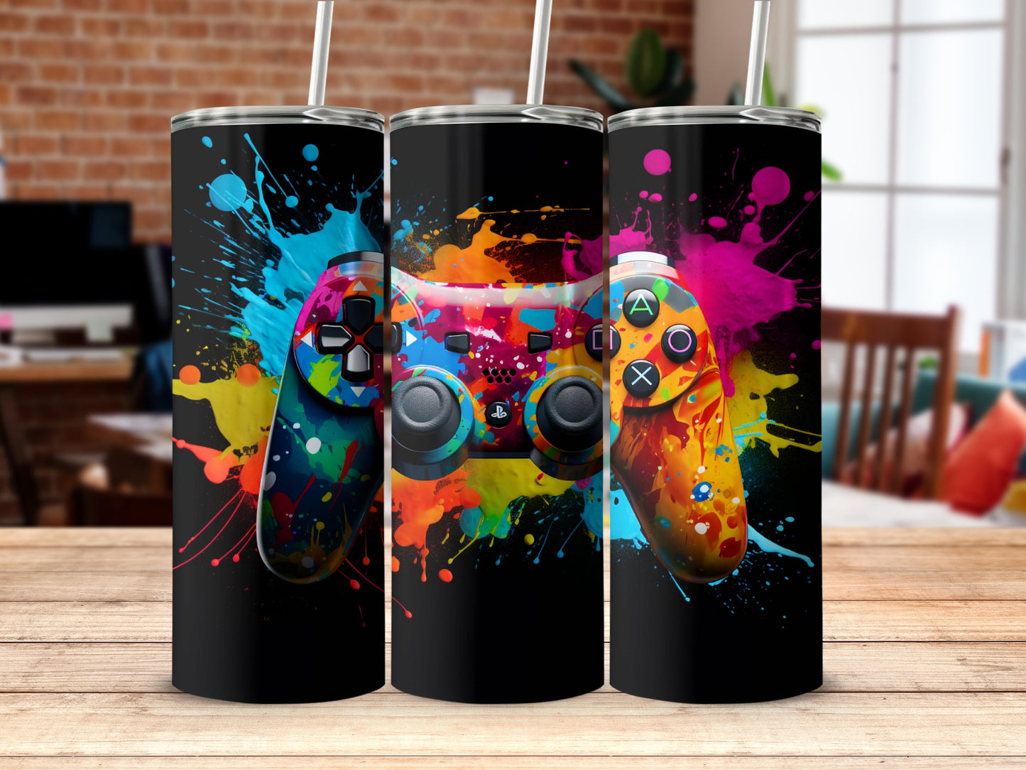 Vibrant Gaming Controller Splatter Art Insulated Tumblers