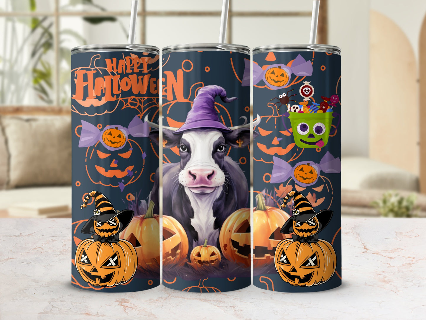 Happy Halloween Cow and Pumpkins Tumbler product