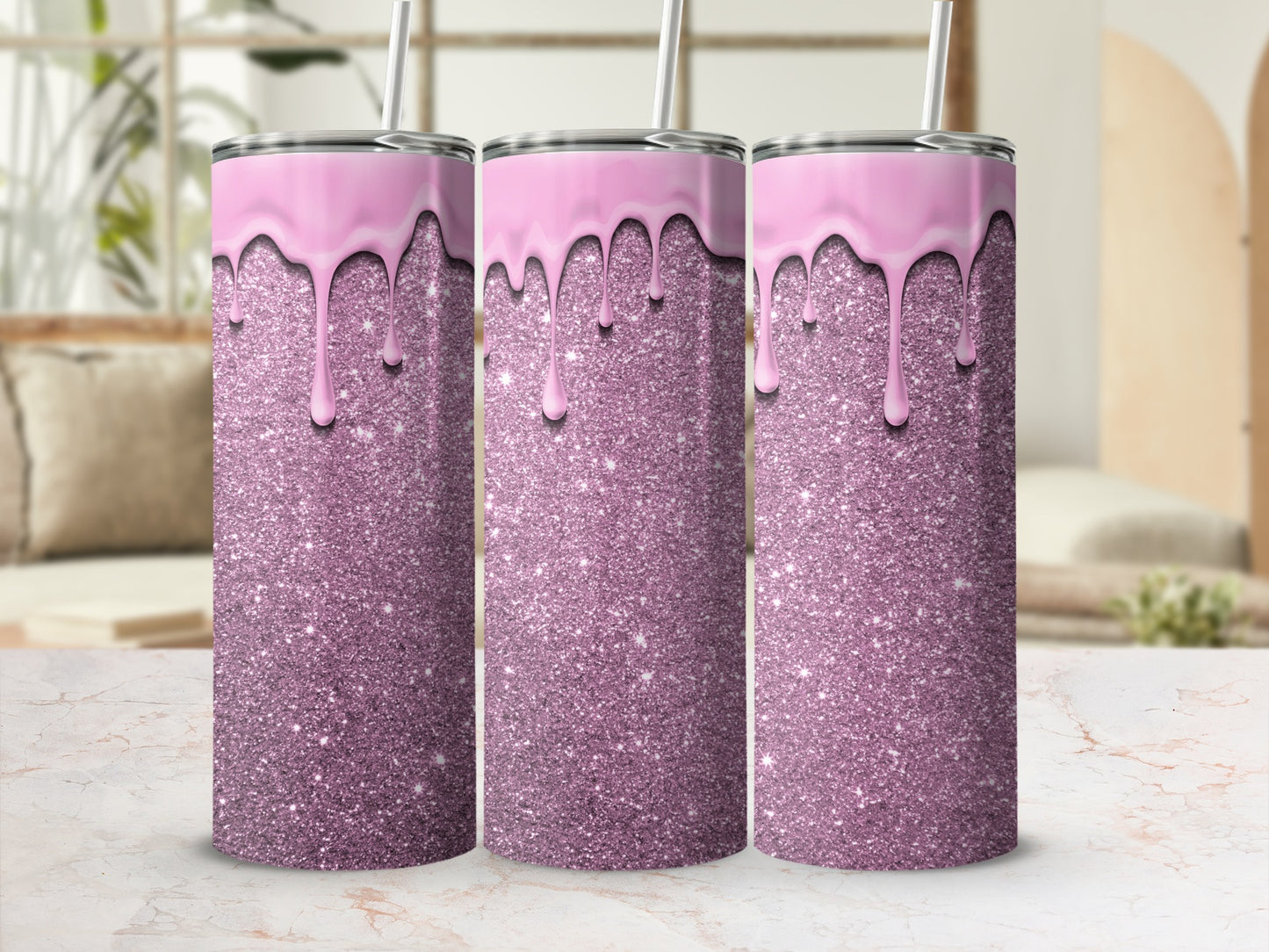 Glitter and Pink Drip Design Tumbler with Straw