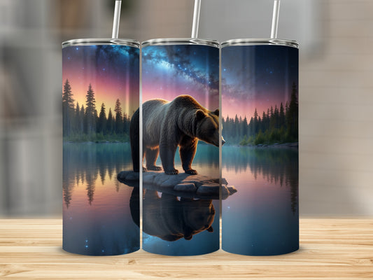Bear standing on rock in tranquil lake with starry night sky.