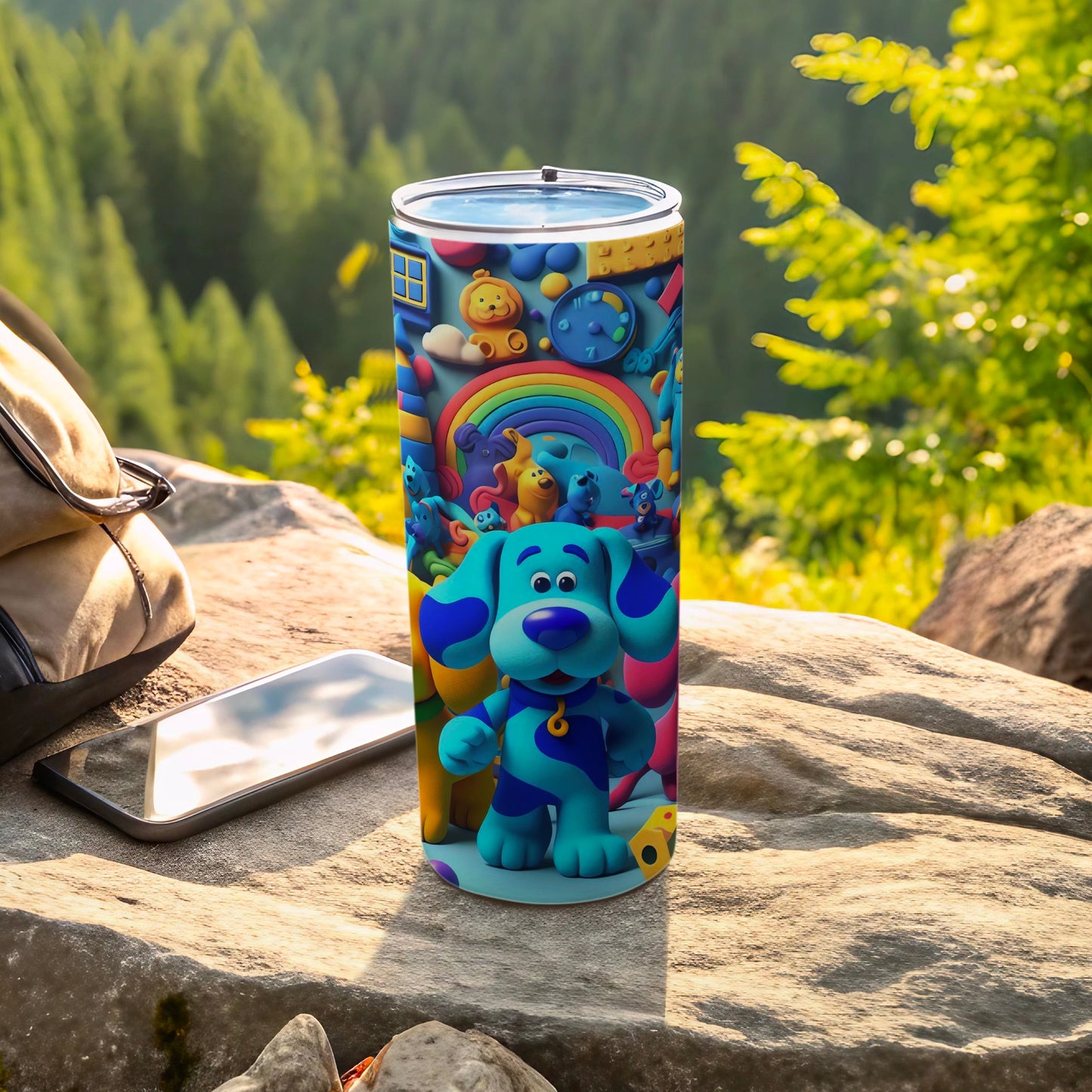 Colorful Blue Dog and Rainbow Design Tumbler