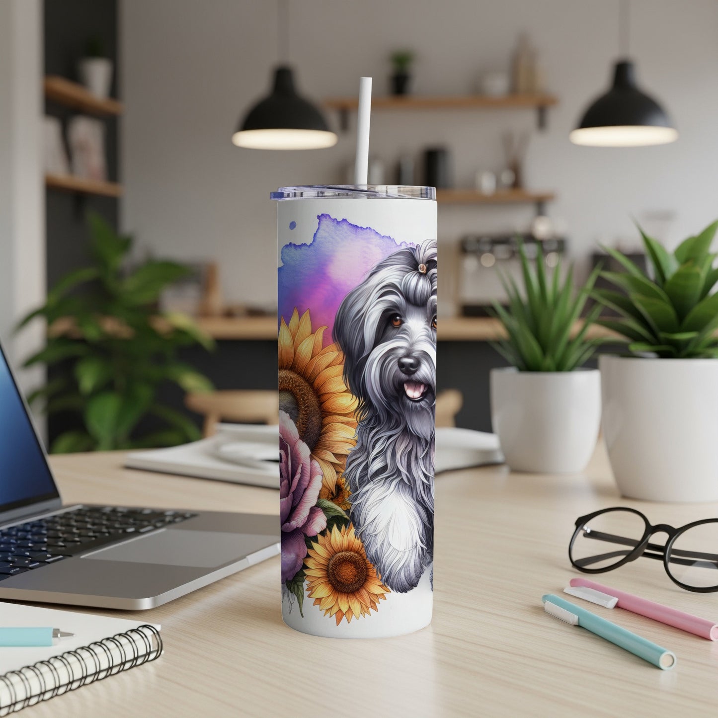 Shih Tzu dog with sunflowers and roses on a skinny tumbler.