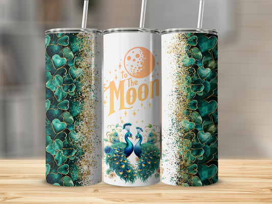 Elegant To The Moon Peacock Heart Design Tumbler