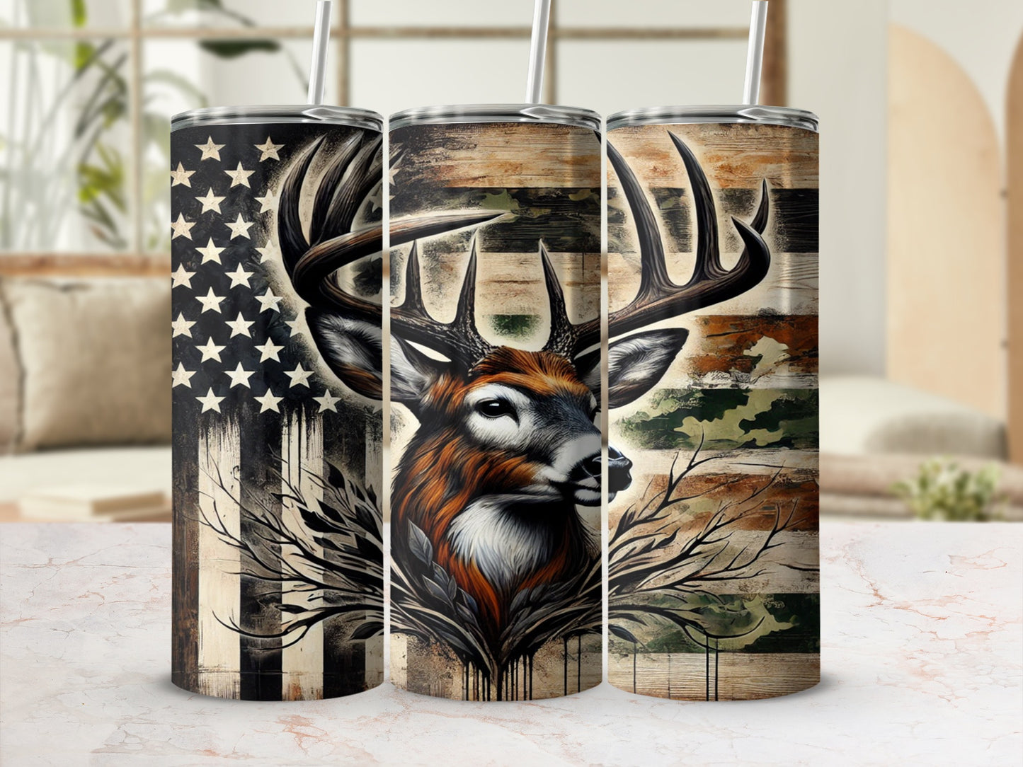 Patriotic Deer and Flag Design Insulated Tumbler