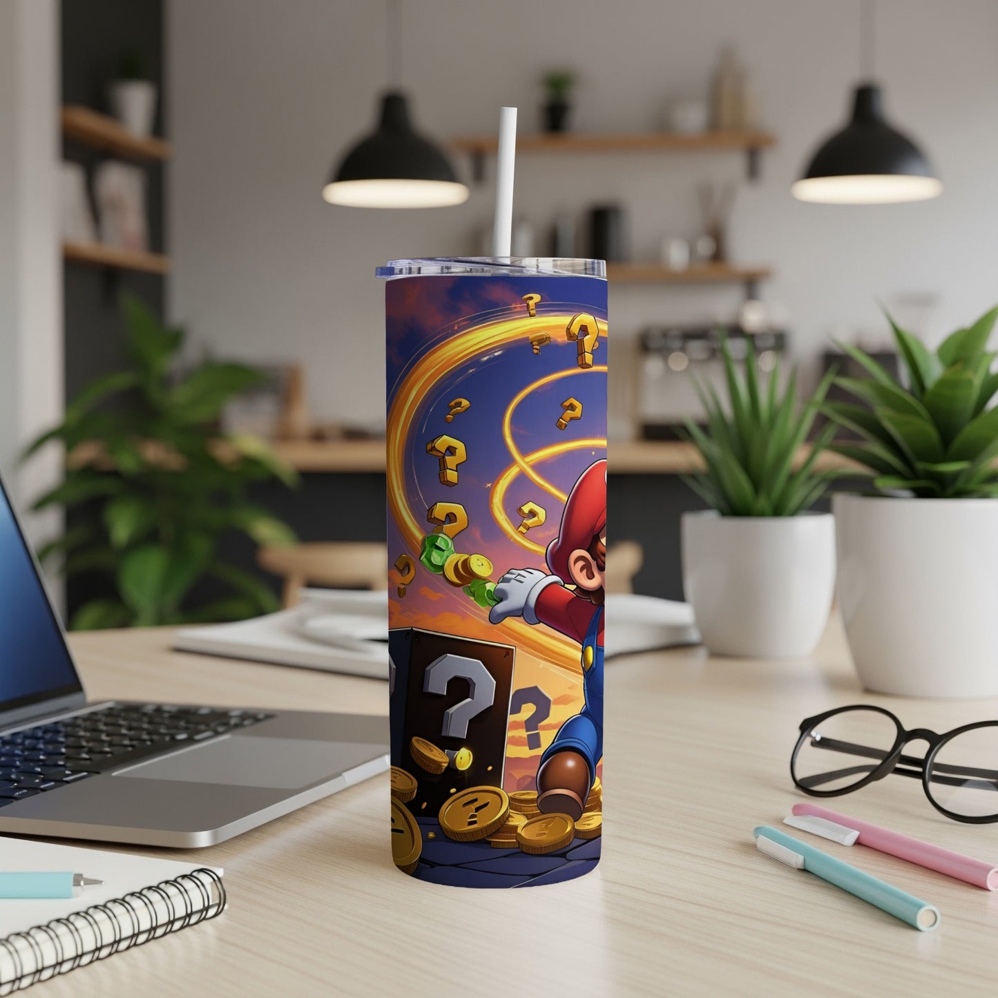 Mario collecting coins and question marks on a tumbler with a straw.
