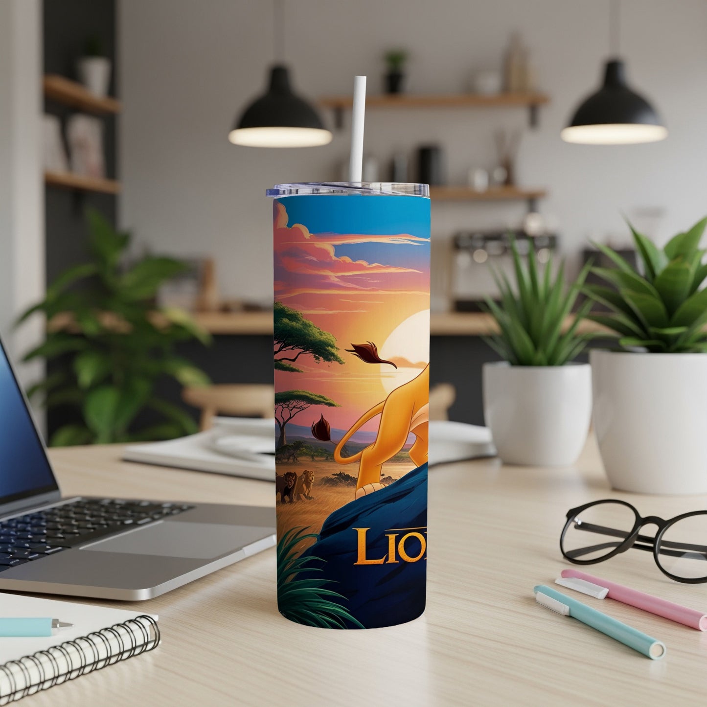 Lion King tumbler featuring Simba at sunrise with savanna animals.