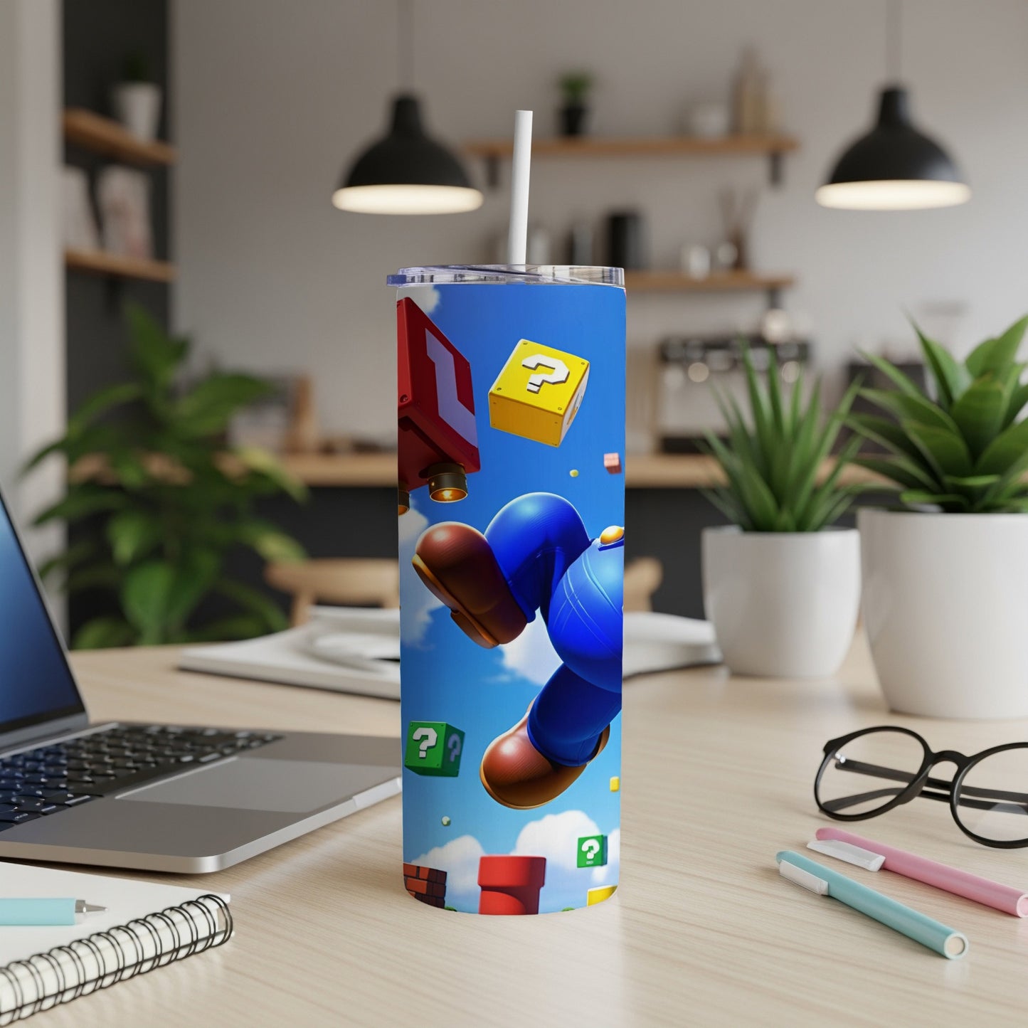 Super Mario character running on a tiled sky background on a tumbler.