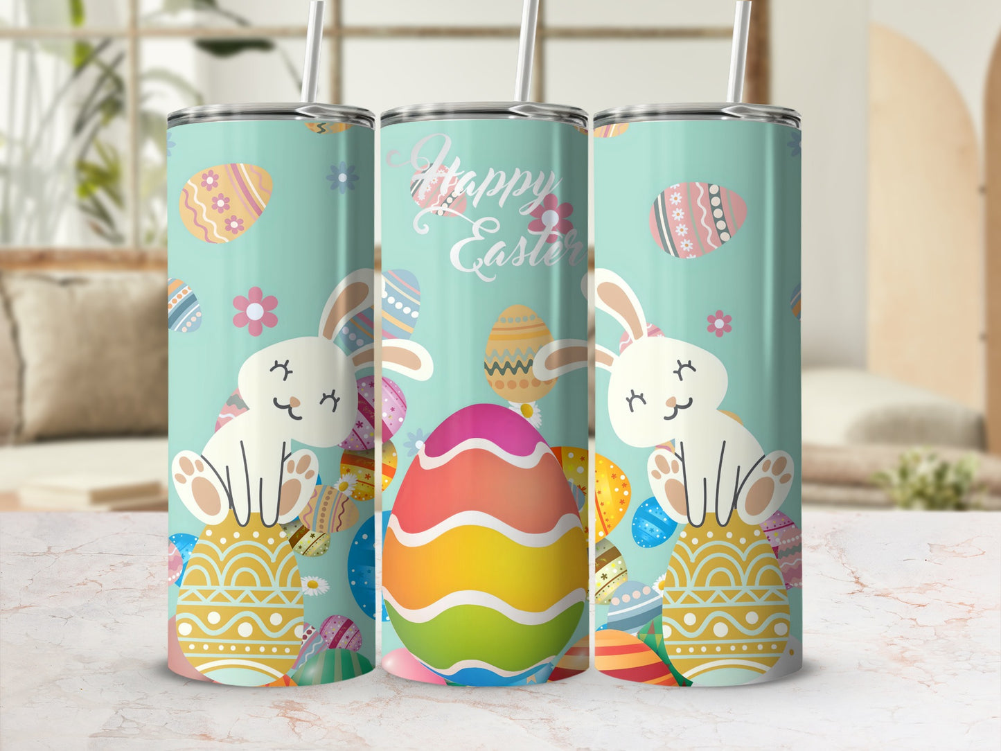 Colorful Easter Bunny and Eggs Tumbler Design