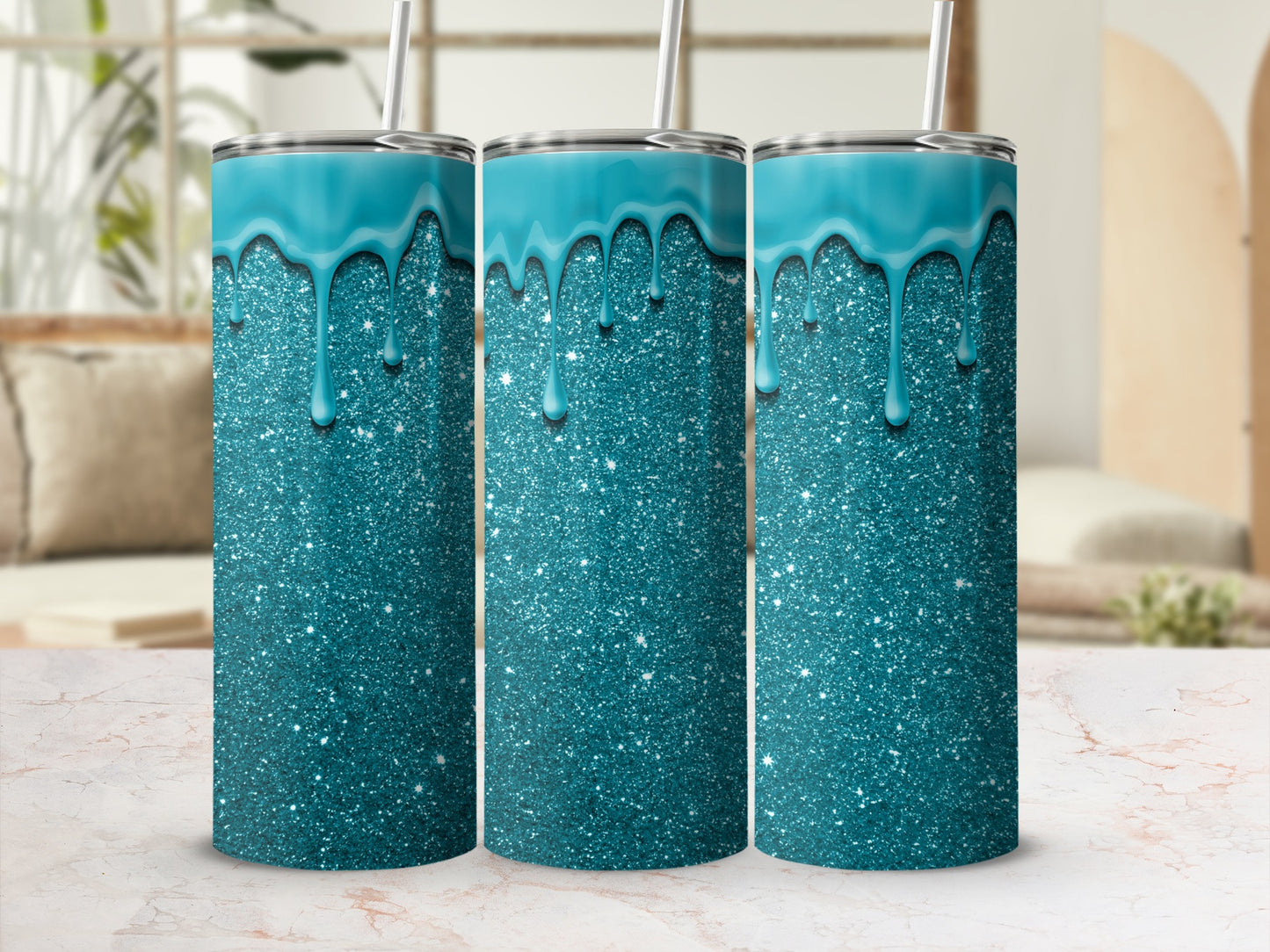 Glittering Teal Drinkware with Dripping Effect Design