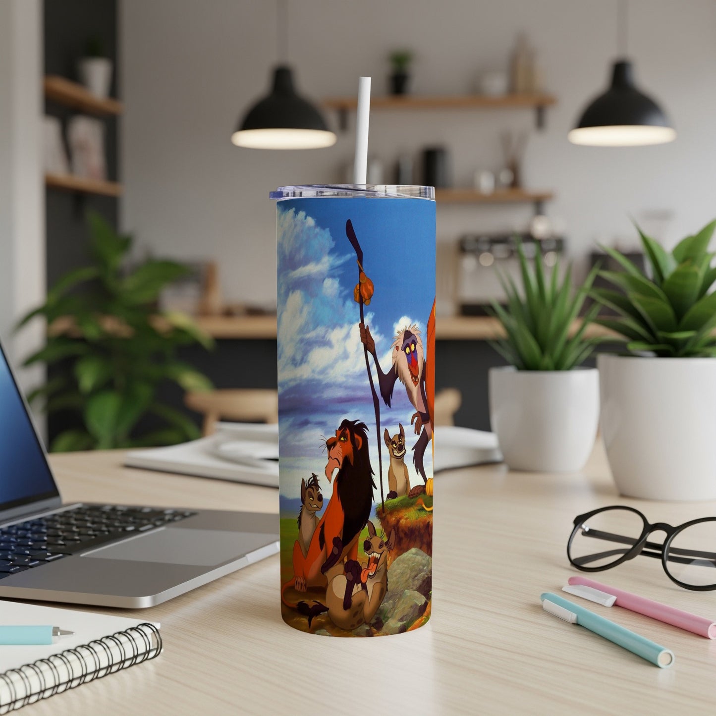 The Lion King characters Simba, Timon, and Pumbaa stand together on a rock.