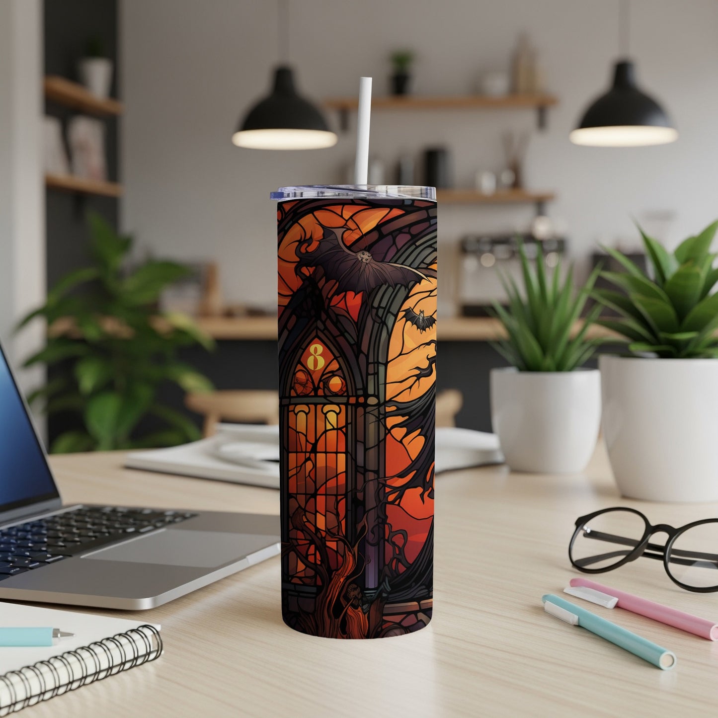 Gothic stained glass tumbler with bats and jack-o'-lanterns.