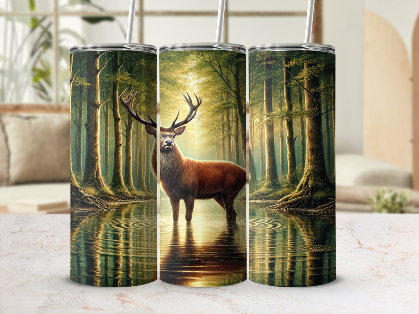 Majestic Forest Deer Scene Tumbler Cup with Straw