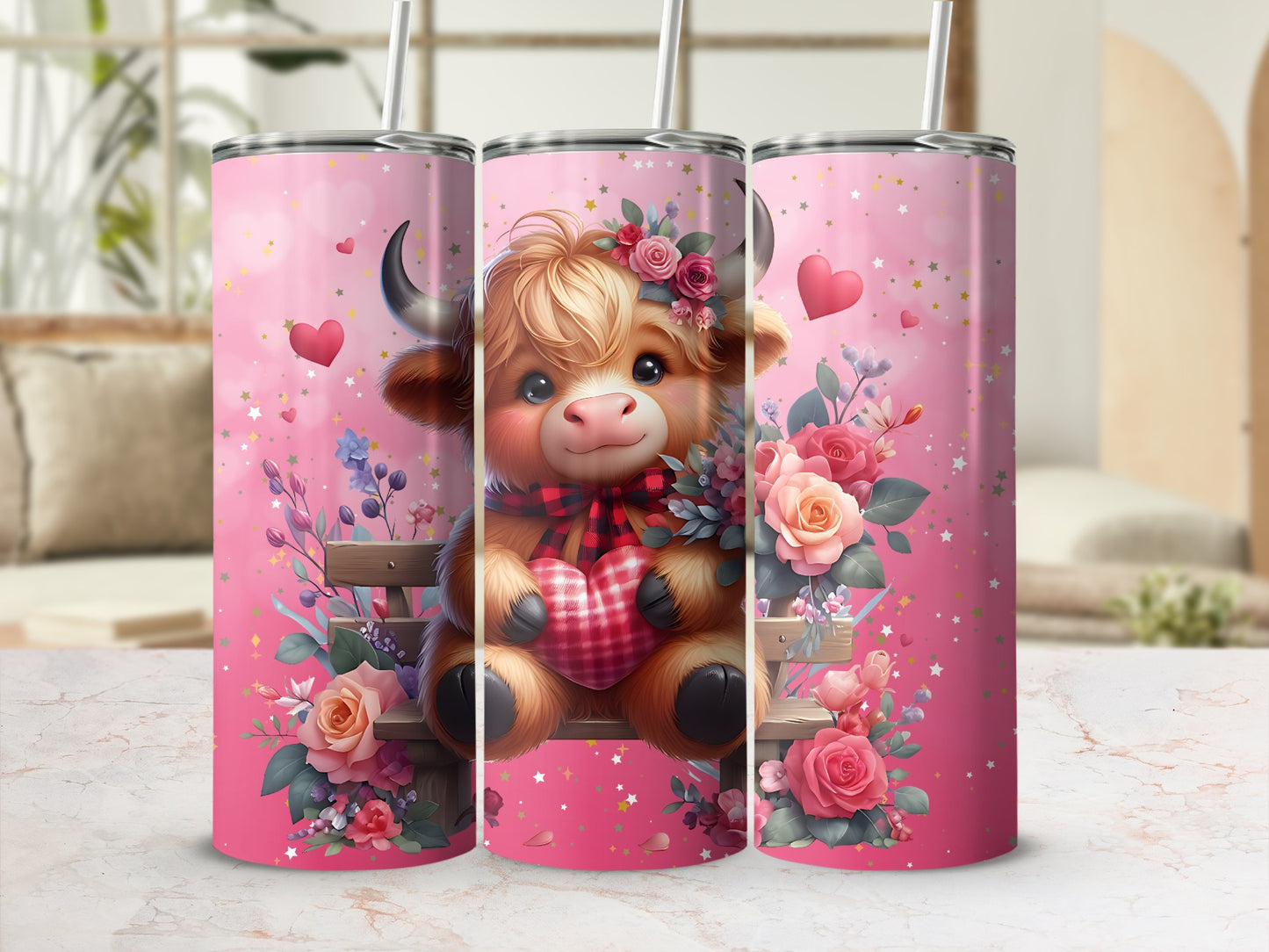 Cute Floral Cow with Heart and Roses Tumbler Design