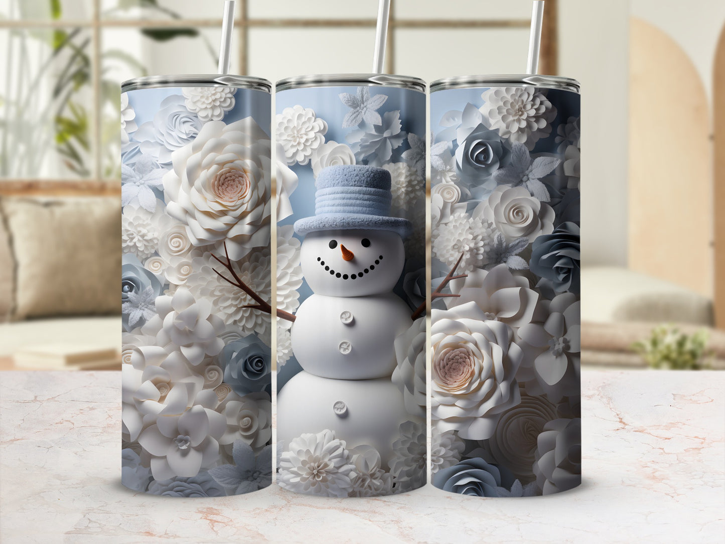 Festive Snowman with Floral Pattern Tumbler Cup