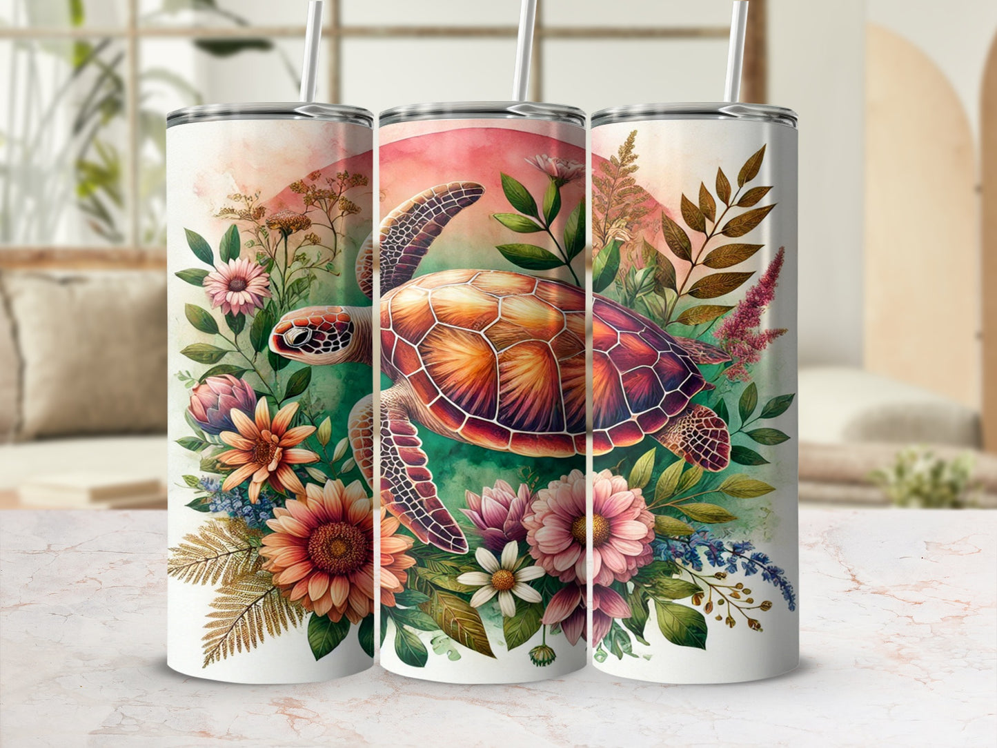 Tropical Flower Turtle Design Stainless Steel Tumbler