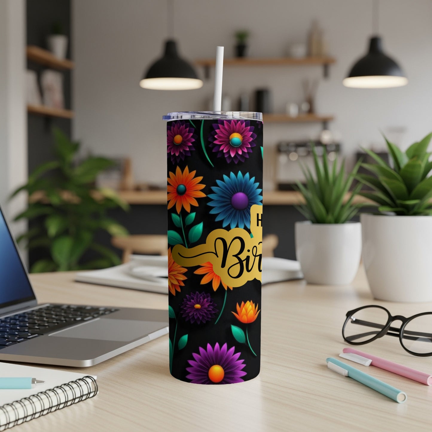 Black tumbler with colorful floral pattern and "Happy Birthday" text.