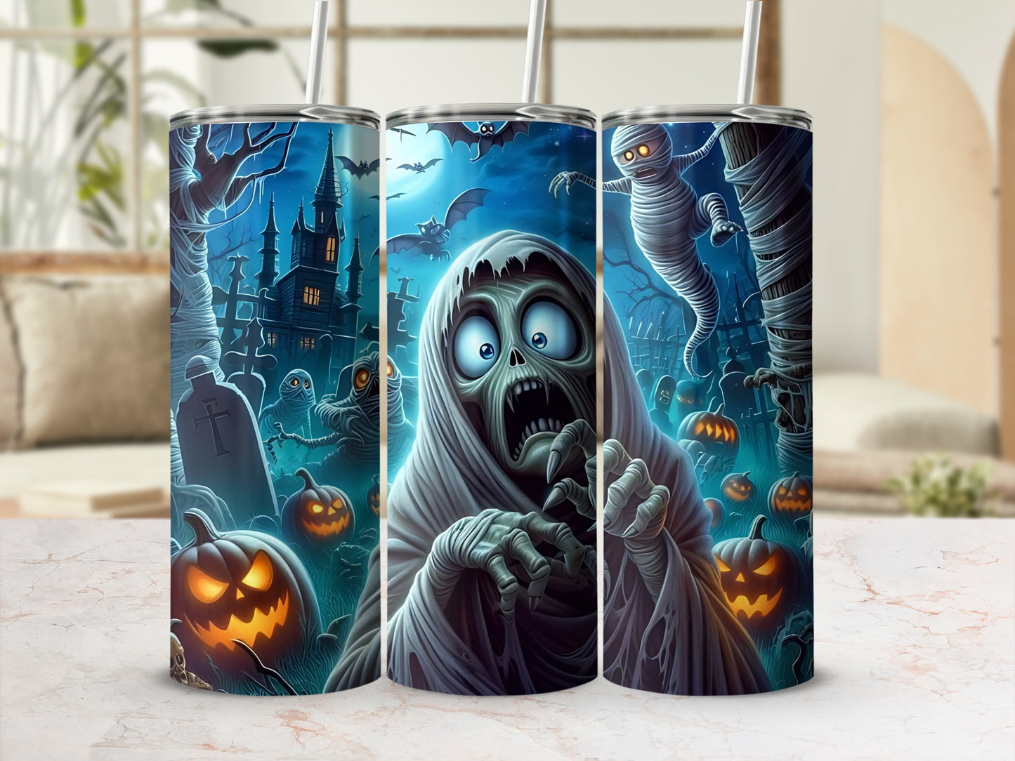 Spooky Halloween Themed Ghost and Pumpkins Tumbler