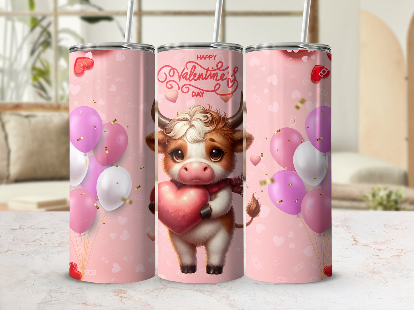 Happy Valentine's Day Cute Cow and Balloons Tumbler