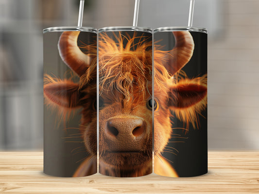 Three Highland cows on tumblers, each with a straw.