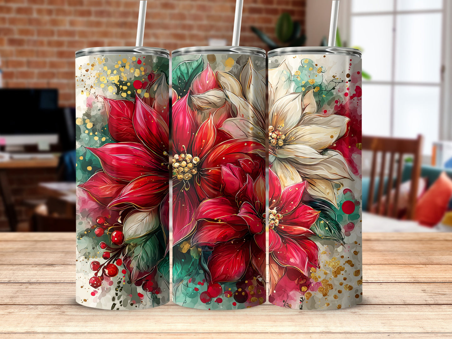 Festive Floral Poppy Design Tumblers Holiday Drinkware