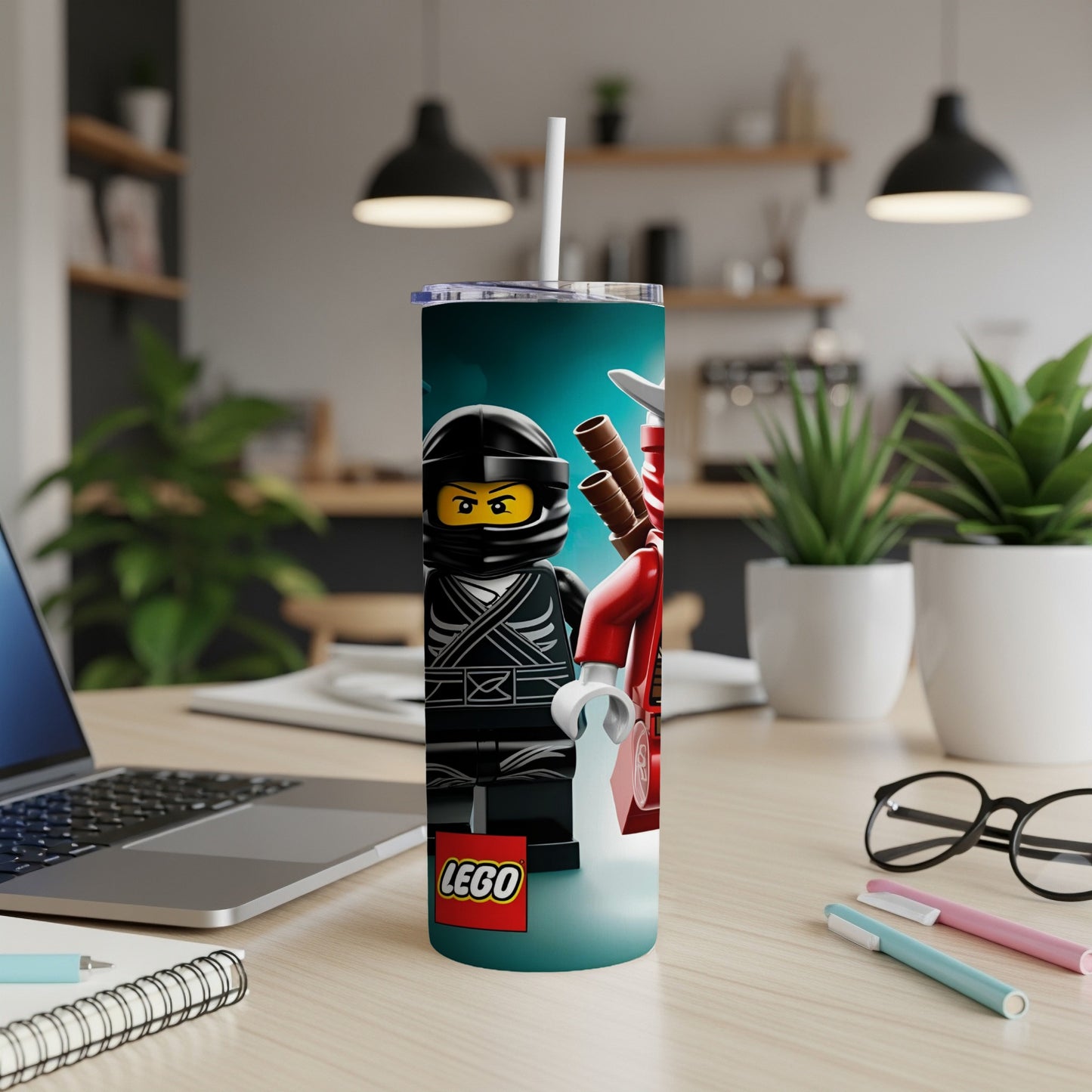 Lego Ninjago characters on a white tumbler with a straw.