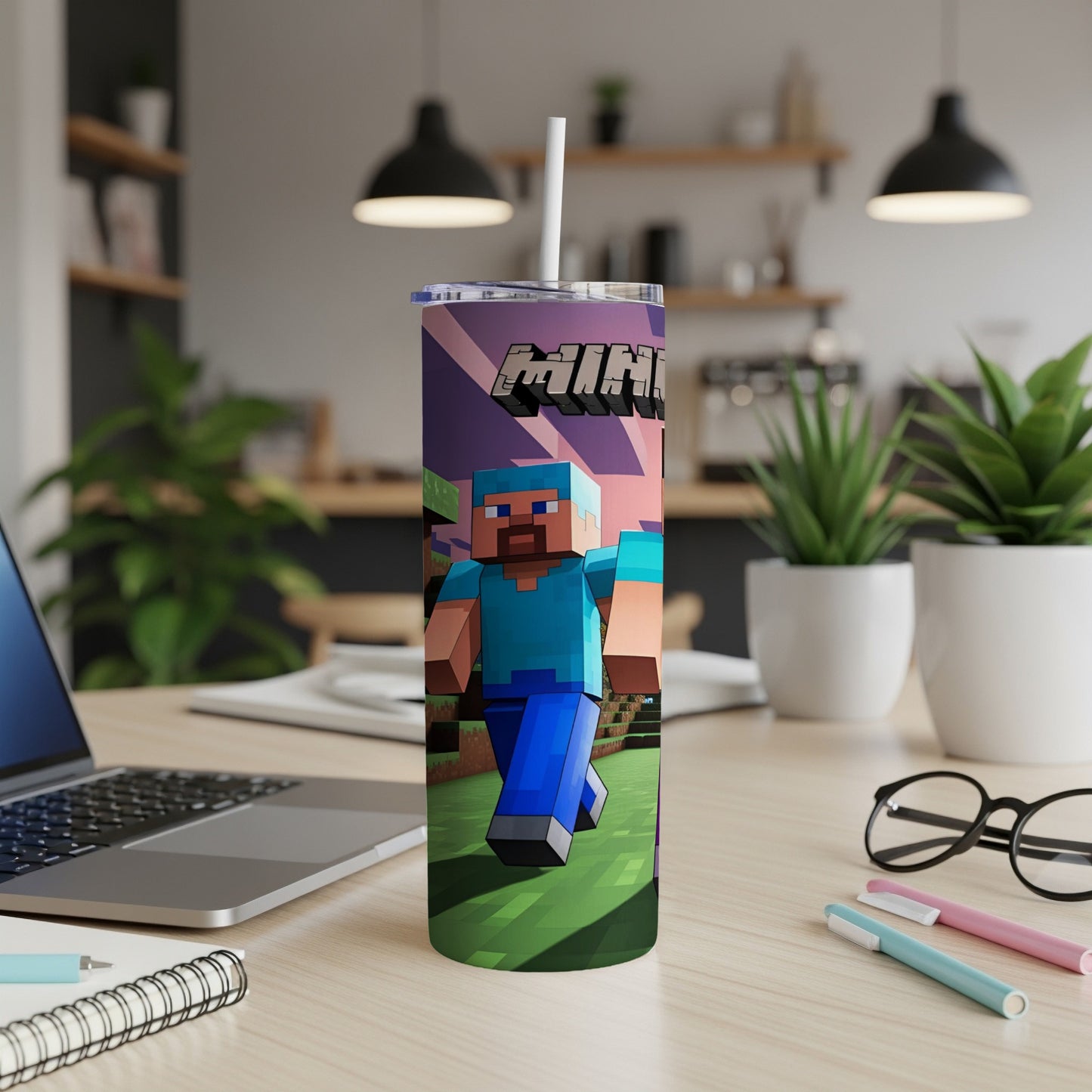 Minecraft character on a tumbler with a straw.