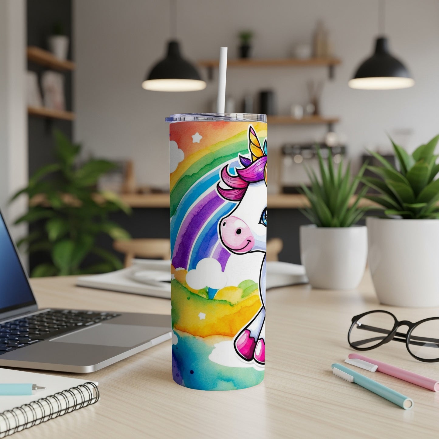 Unicorn on rainbow background on a white tumbler with straw.