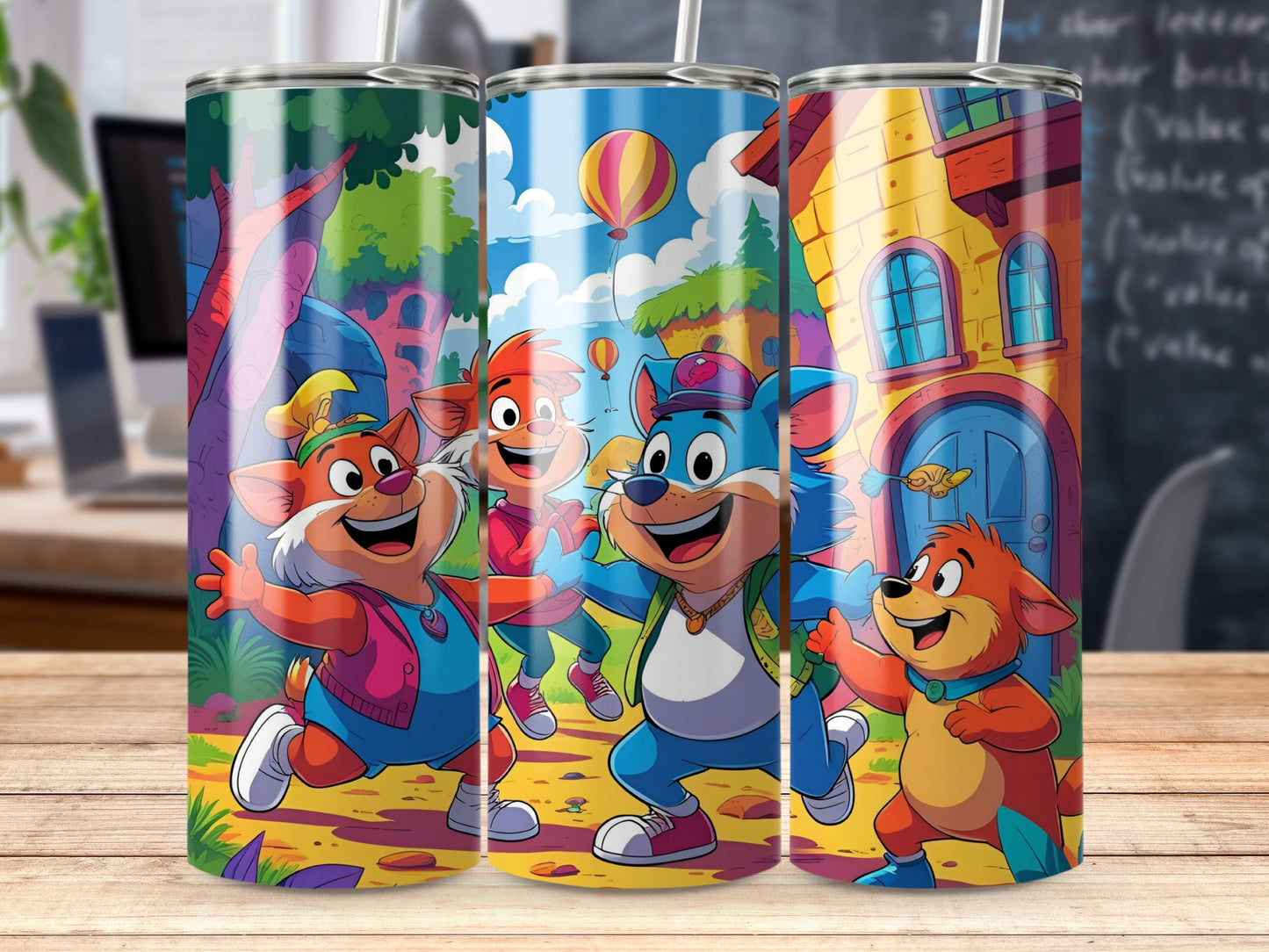 Cartoon Animated Characters Outdoor Scene with Balloons Tumblers