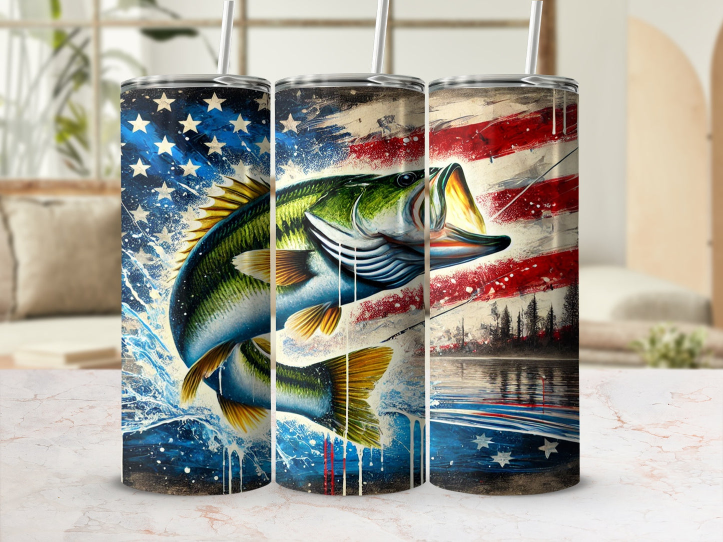 Patriotic American Flag and Fishing Themed Tumblers