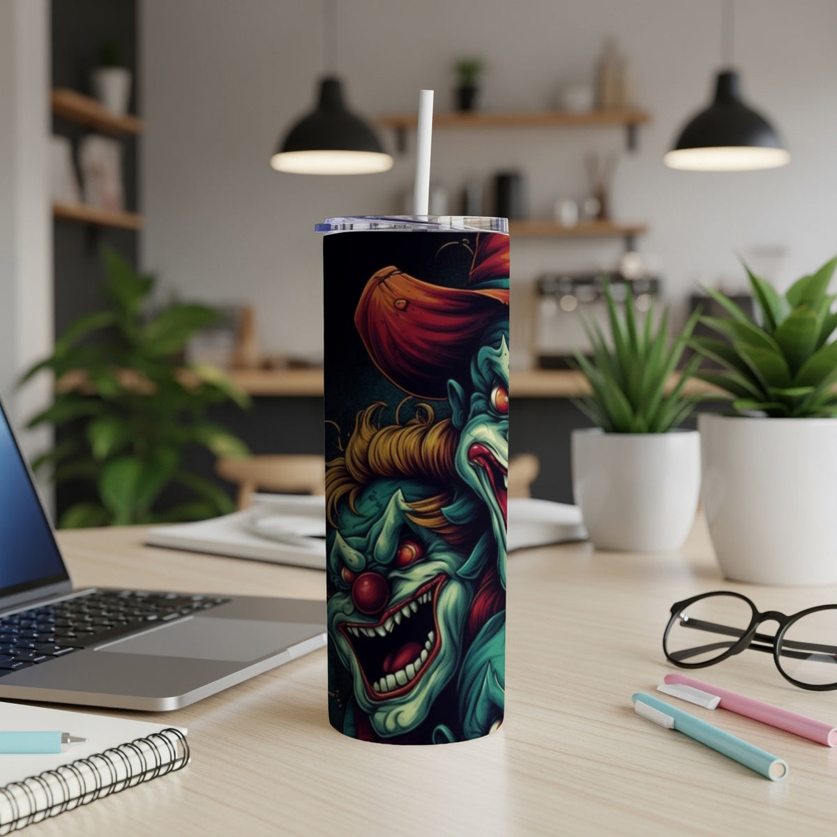 Tumbler with a detailed, stylized illustration of two creepy clowns.