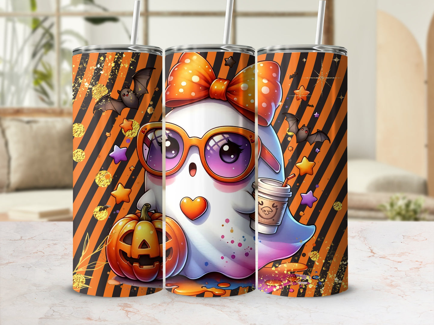Cute Ghost with Pumpkin Bat Stars Halloween Tumbler