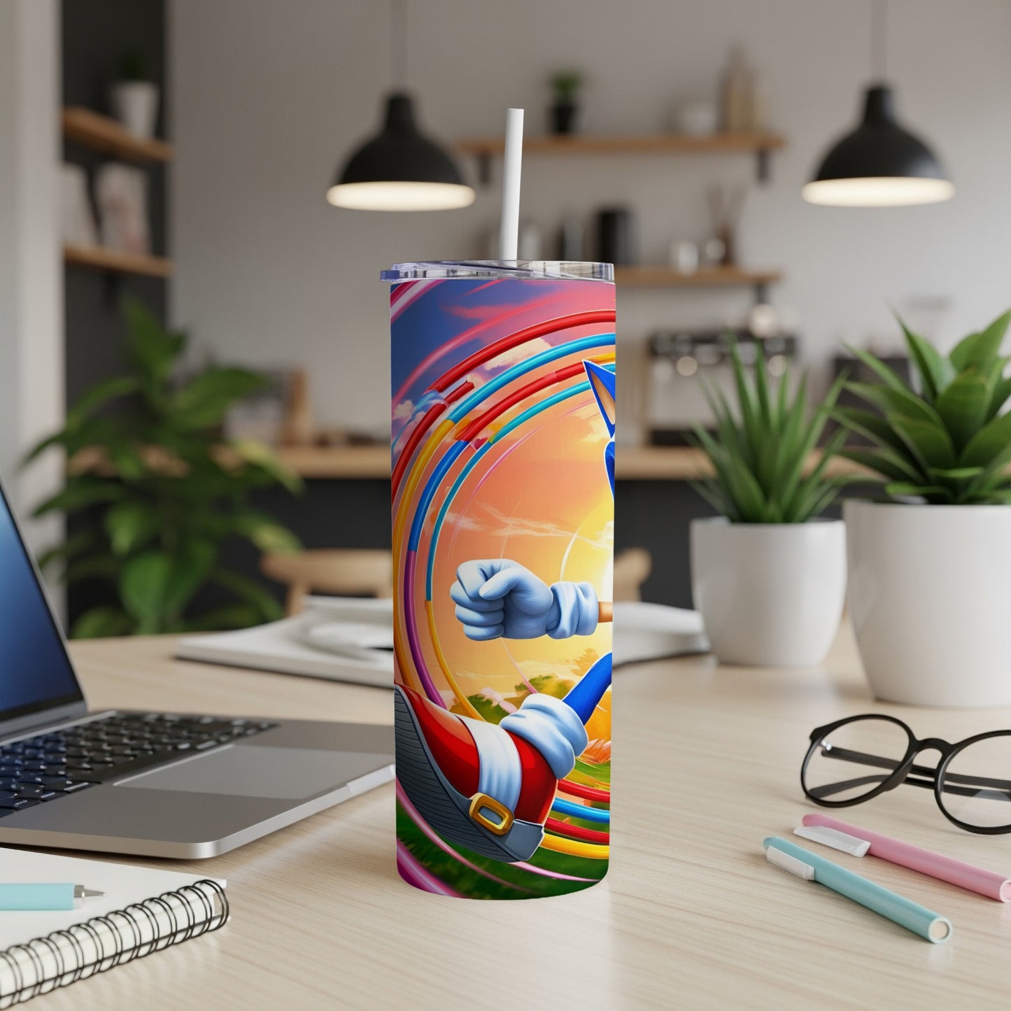 Sonic the Hedgehog character on a colorful tumbler with a straw.